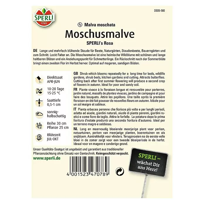 Sperli Blumensamen Moschusmalve - Malva moschata, Blütezeit: Juli - Rückansicht