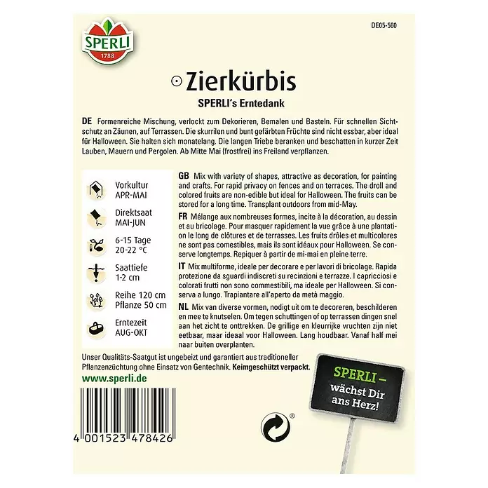 Sperli Saatgut Zierkürbis - Erntedank - Rückansicht