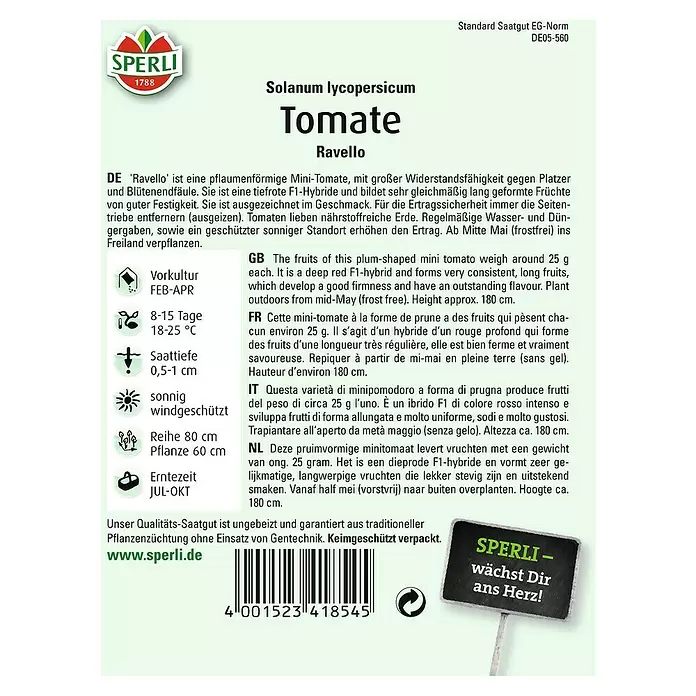 Sperli Gemüsesamen Tomate - Ravello, Solanum lycopersicum, Erntezeit: Juli - Rückansicht