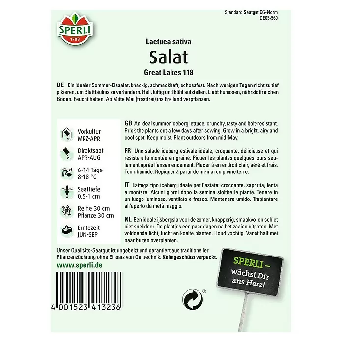 Sperli Salatsamen Great Lakes 118 - Lactuca sativa, Erntezeit: Juni - Rückansicht