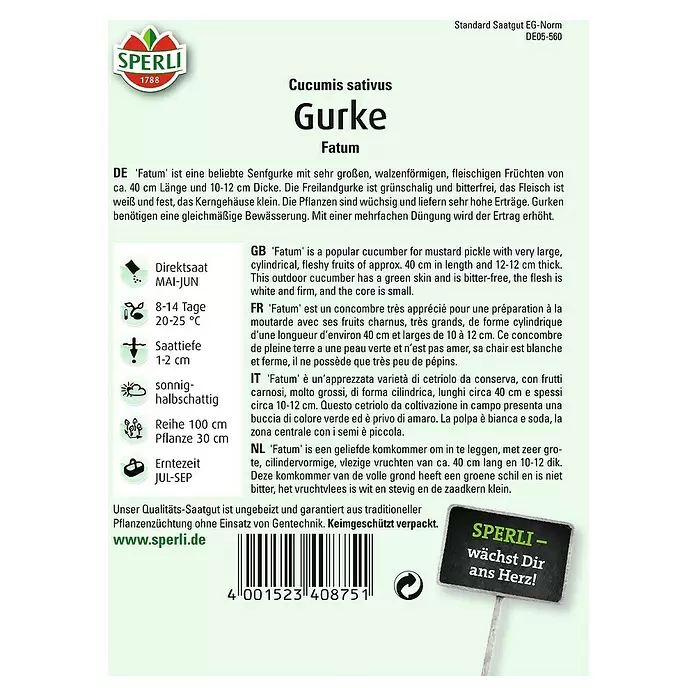 Sperli Gemüsesamen Salatgurke - Fatum, Cucumis sativus, Erntezeit: Juli - Rückansicht