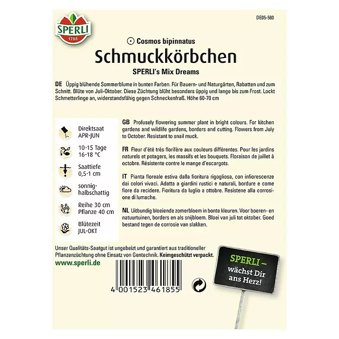 Sperli Blumensamen Schmuckkörbchen - Sonata Mischung, Cosmos sulphureus, Blütezeit: Juli - Rückansicht