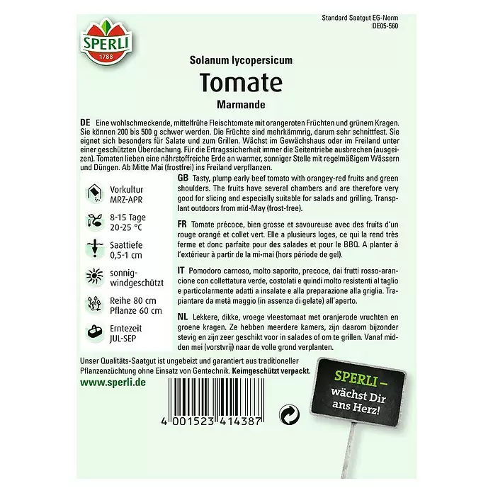 Sperli Gemüsesamen Tomate - Marmande, Solanum lycopersicum, Erntezeit: August - Rückansicht