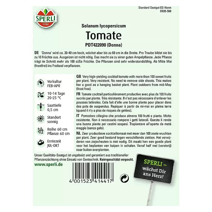 Sperli Gemüsesamen Tomate - Donna, Solanum lycopersicum, Erntezeit: Juli - Rückansicht