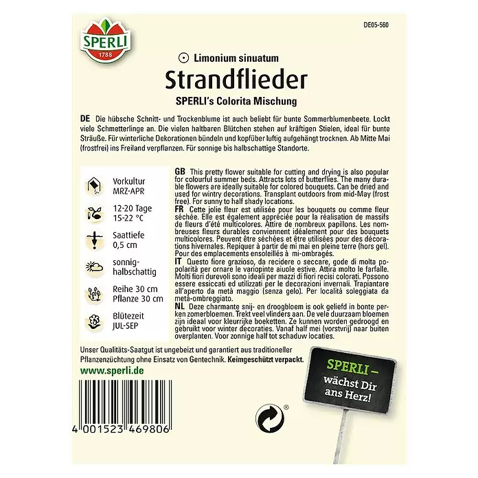 Sperli Blumensamen Strandflieder - Limonium sinuatum, Blütezeit: Juli - Rückansicht