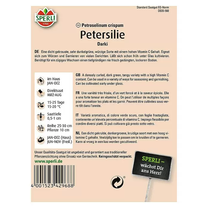 Sperli Kräutersamen Petersilie - Darki, Petroselinum crispum, Saatzeit: März, Erntezeit: Ganzjährig - Rückansicht