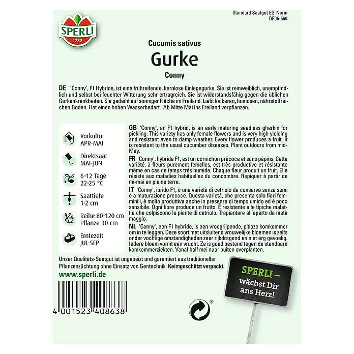 Sperli Gemüsesamen Einlegegurke - Conny, Cucumis sativus, Erntezeit: Juli - Rückansicht