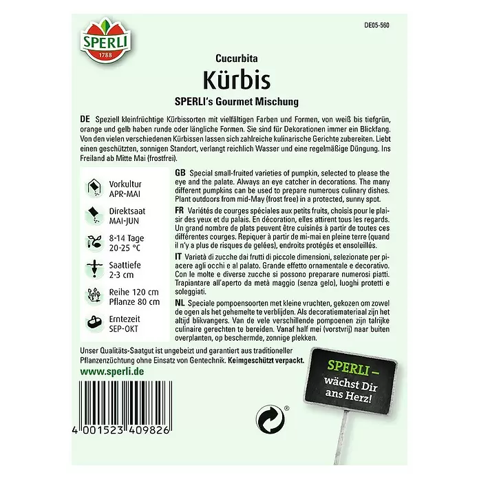 Sperli Gemüsesamen Kürbis - Gourmet Mischung, Cucurbita pepo, Erntezeit: September - Rückansicht