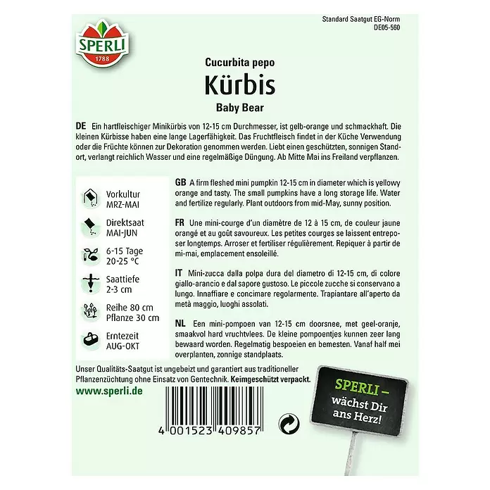 Sperli Gemüsesamen Kürbis - Baby Bear, Cucurbita pepo, Erntezeit: August - Rückansicht