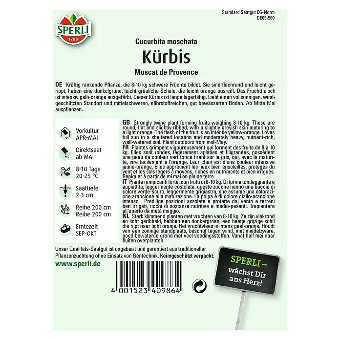 Sperli Gemüsesamen Kürbis - Muscat de Provence, Cucurbita moschata, Erntezeit: September - Rückansicht