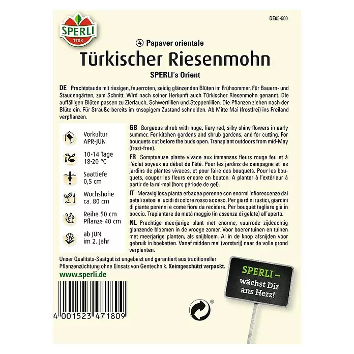 Sperli Blumensamen Türkischer Riesenmohn - Papaver orientale, Blütezeit: Juli - Rückansicht