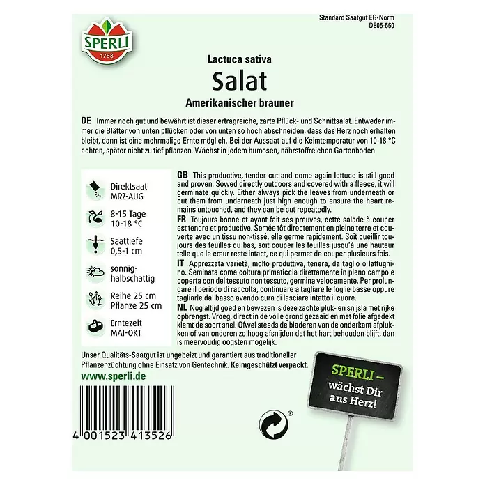 Sperli Salatsamen Pflücksalat - Amerikanischer brauner, Lactuca sativa, Erntezeit: Mai - Rückansicht