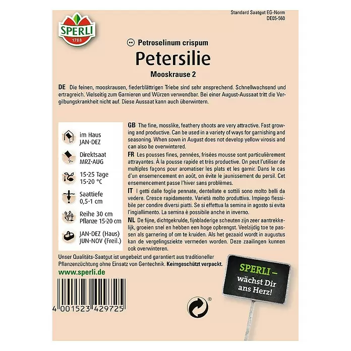 Sperli Kräutersamen Petersilie - Mooskrause 2, Petroselinum crispum, Saatzeit: März, Erntezeit: Ganzjährig - Rückansicht