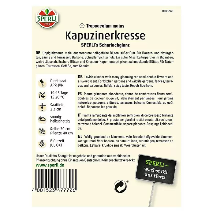 Sperli Kräutersamen Kapuzinerkresse - Scharlachglanz, Tropaeolum majus, Saatzeit: April - Rückansicht