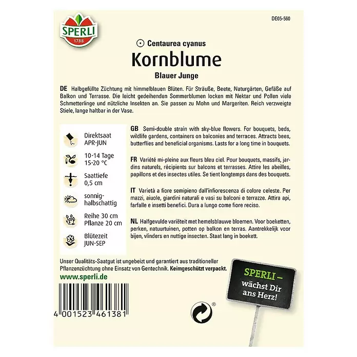 Sperli Blumensamen Kornblume - Leucanthemum vulgare, Blütezeit: Juni - Rückansicht