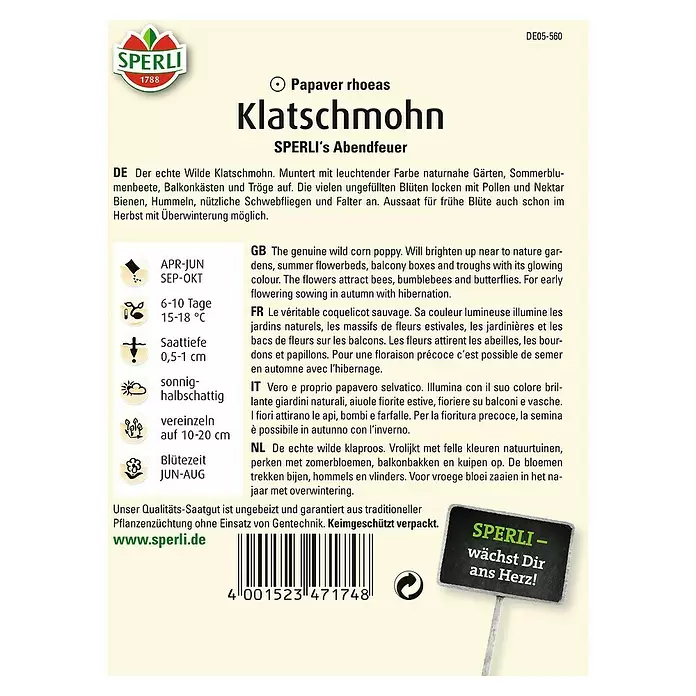 Sperli Blumensamen Klatschmohn - Papaver rhoeas, Blütezeit: Juni - Rückansicht