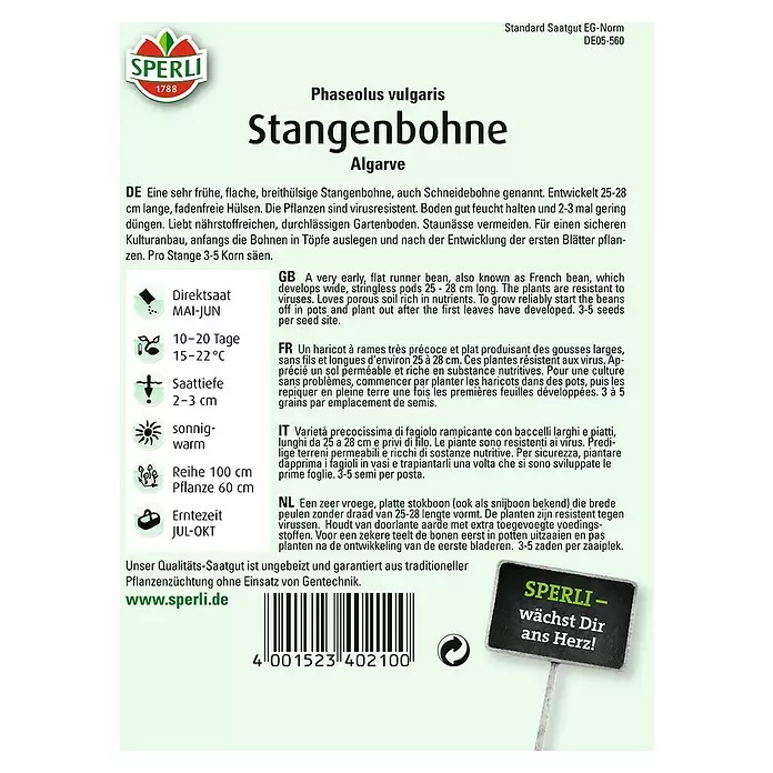 Sperli Gemüsesamen Stangenbohne - Algarve, Phaseolus vulgaris, Erntezeit: Juli - Rückansicht