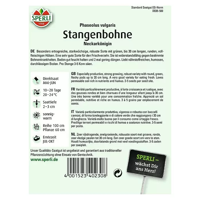 Sperli Gemüsesamen Stangenbohne - Neckarkönigin, Phaseolus vulgaris, Erntezeit: Juli - Rückansicht