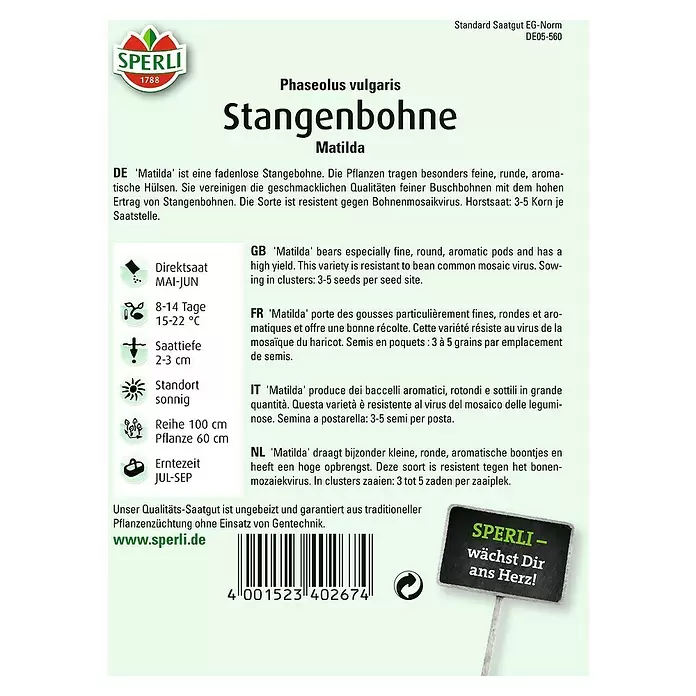 Sperli Gemüsesamen Stangenbohne - Matilda, Phaseolus vulgaris, Erntezeit: Juli - Rückansicht