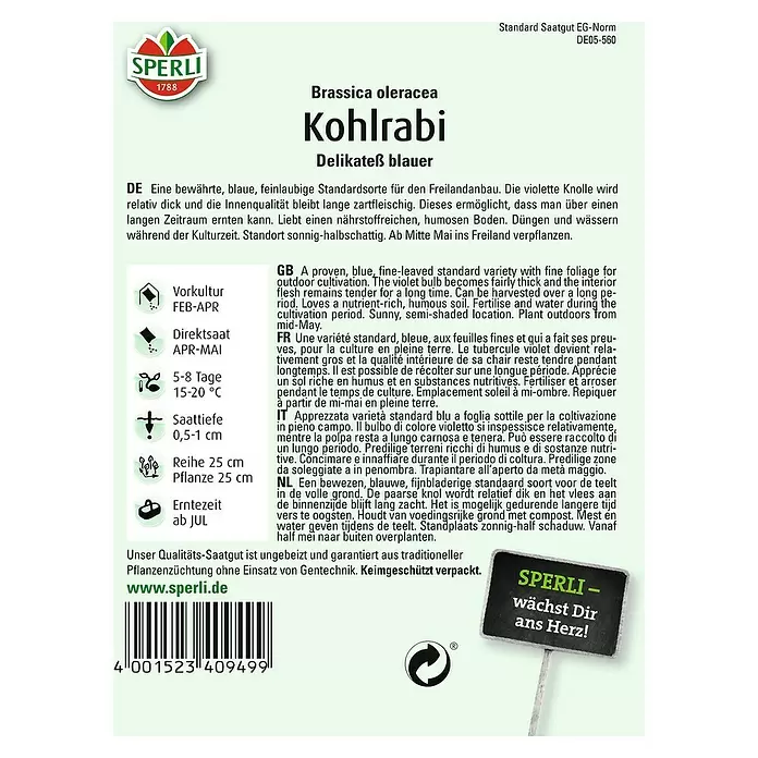 Sperli Gemüsesamen Kohlrabi - Superschmelz, Brassica oleracea, Erntezeit: Juni - Rückansicht