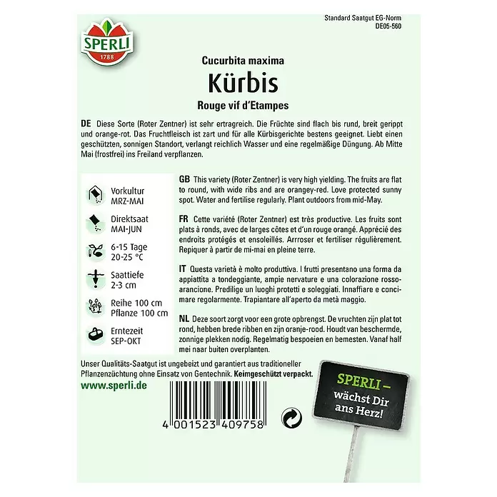 Sperli Gemüsesamen Kürbis - Rouge vif d'Etampes, Cucurbita maxima, Erntezeit: September - Rückansicht
