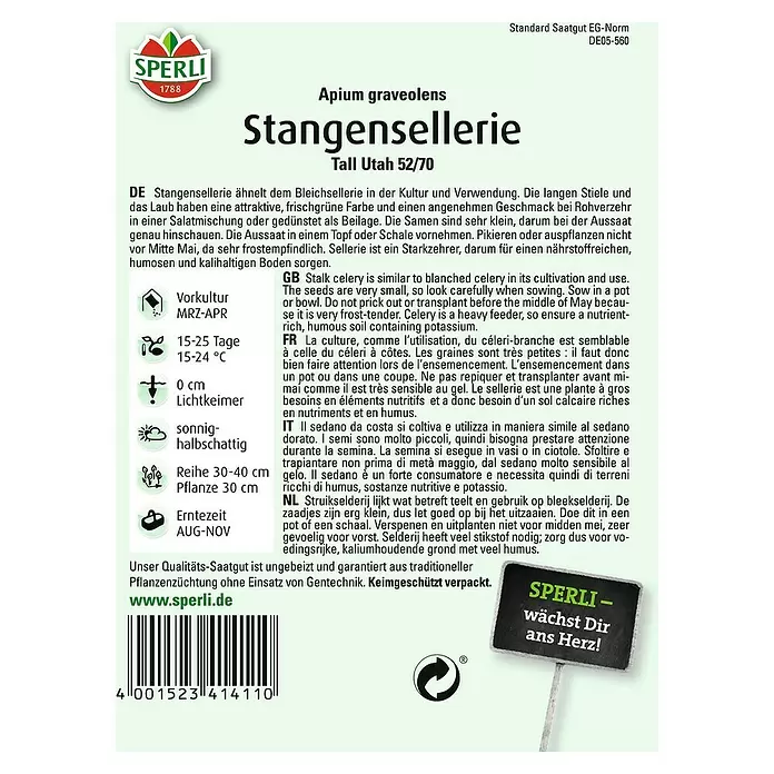 Sperli Gemüsesamen Stangensellerie - Apium graveolens var. dulce, Erntezeit: August - Rückansicht