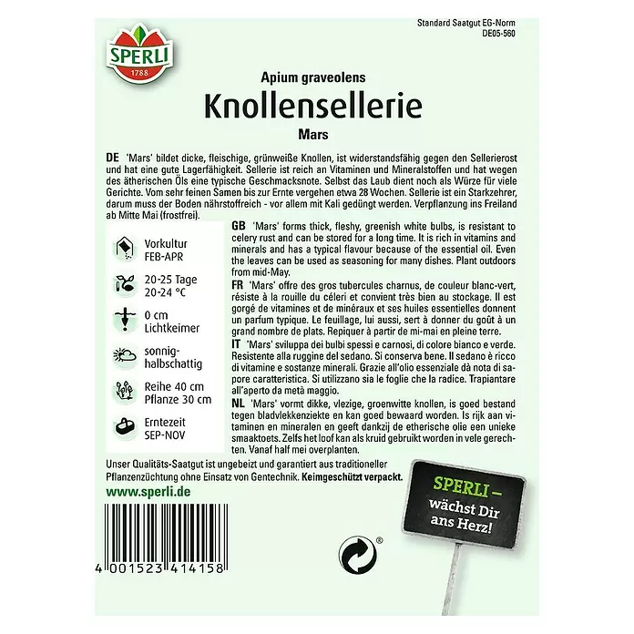 Sperli Gemüsesamen Knollensellerie - Apium graveolens, Erntezeit: September - Rückansicht