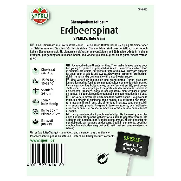 Sperli Obstsamen Erdbeerspinat - Chenopodium foliosum, Erntezeit: Juni - Rückansicht