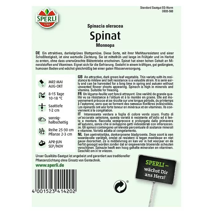 Sperli Gemüsesamen Spinat - Tetragonia tetragonioides, Erntezeit: April - Rückansicht
