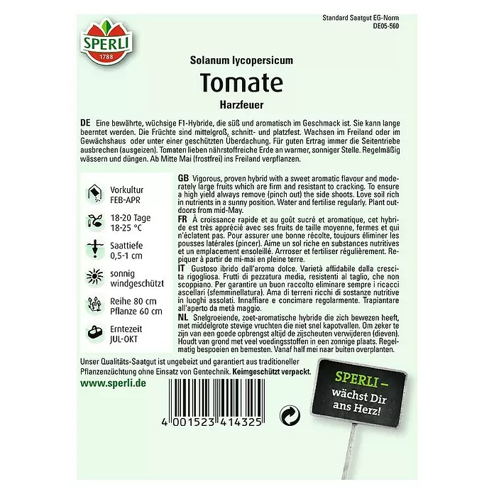 Sperli Gemüsesamen Tomate - Harzfeuer, Solanum lycopersicum, Erntezeit: Juli - Rückansicht