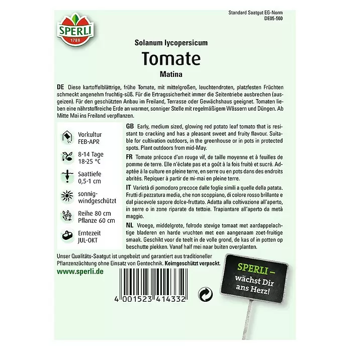Sperli Gemüsesamen Tomate - Matina, Solanum lycopersicum, Erntezeit: Juli - Rückansicht