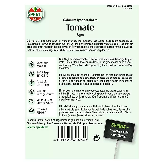 Sperli Gemüsesamen Tomate - Agro, Solanum lycopersicum, Erntezeit: Juli - Rückansicht