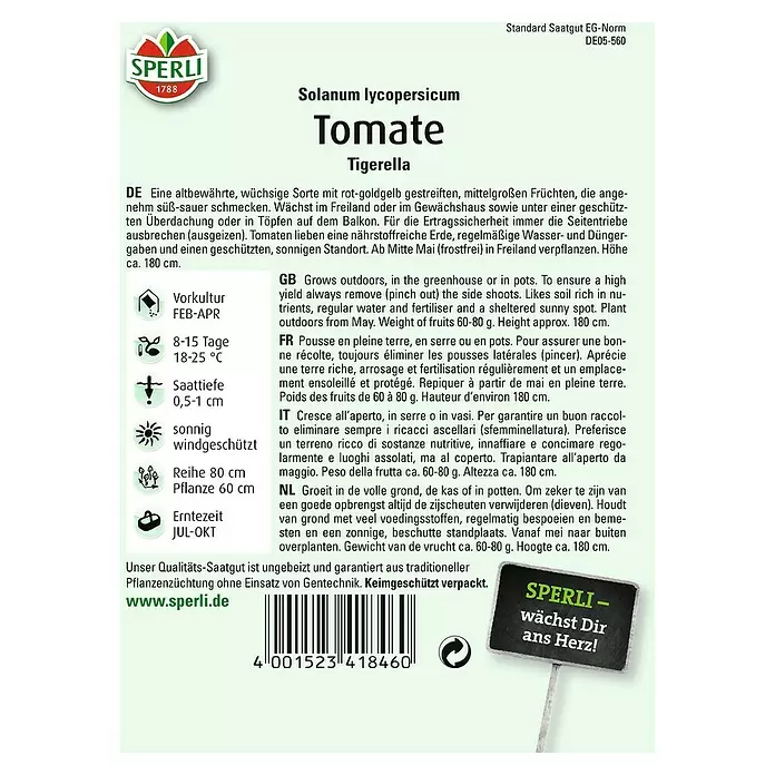 Sperli Gemüsesamen Tomate - Tigerella, Solanum lycopersicum, Erntezeit: Juli - Rückansicht
