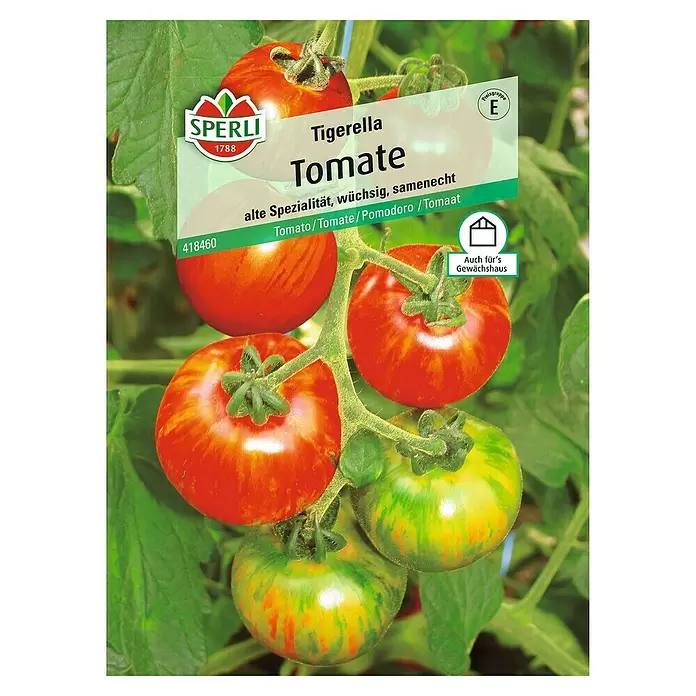 Sperli Gemüsesamen Tomate - Tigerella, Solanum lycopersicum, Erntezeit: Juli - Vorderansicht