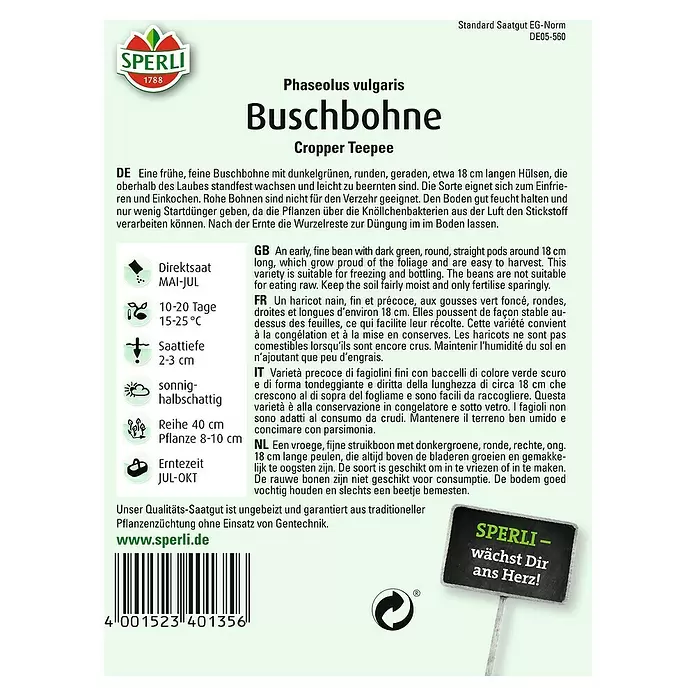 Sperli Gemüsesamen Buschbohne - Copper Teepee, Phaseolus vulgaris var. nanus, Erntezeit: Juli - Rückansicht