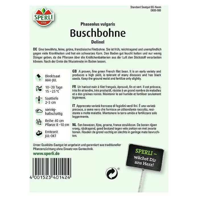 Sperli Gemüsesamen Buschbohne - Delinel, Phaseolus vulgaris var. nanus, Erntezeit: Juli - Rückansicht