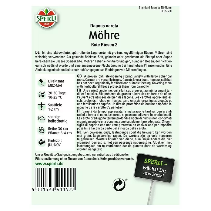Sperli Gemüsesamen Möhre - Rote Riesen 2, Daucus carota, Erntezeit: Juli - Rückansicht