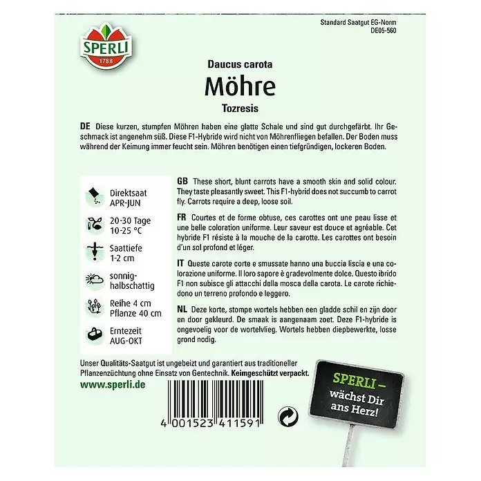 Sperli Gemüsesamen Möhre - Tozresis, Daucus carota, Erntezeit: August - Rückansicht
