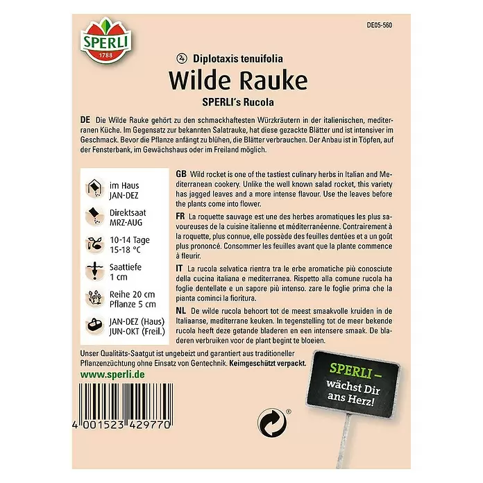 Sperli Kräutersamen Wilde Rauke - Diplotaxis tenuifolia, Saatzeit: März, Erntezeit: Ganzjährig - Rückansicht