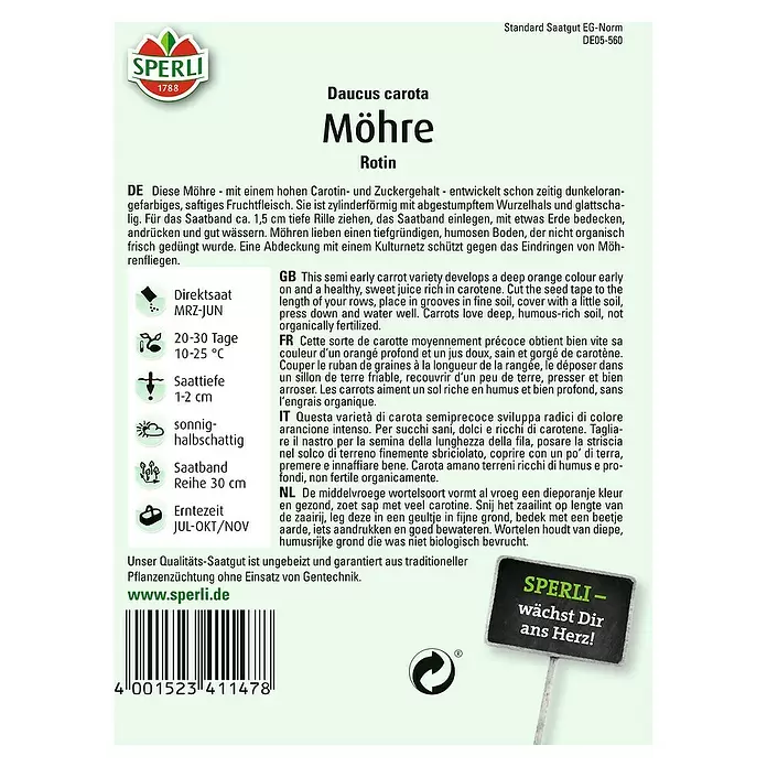Sperli Gemüsesamen Möhre - Rotin 5, Daucus carota, Erntezeit: Juli - Rückansicht