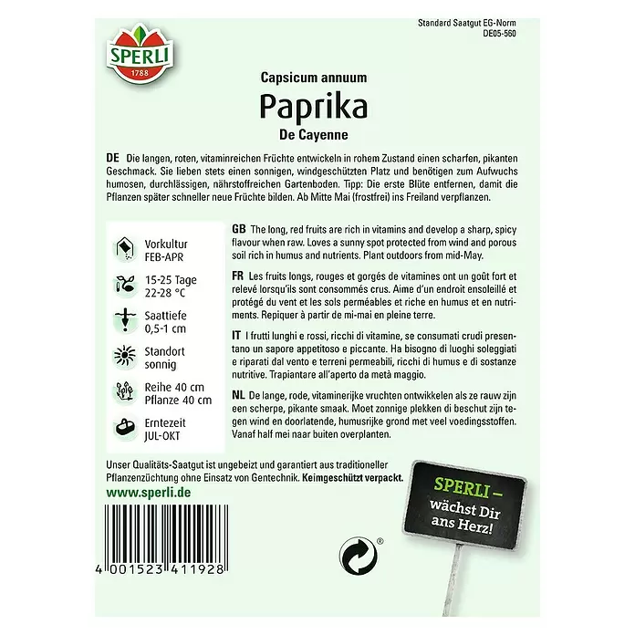 Sperli Gemüsesamen Paprika - De Cayenne, Capsicum annuum, Erntezeit: Juli - Rückansicht