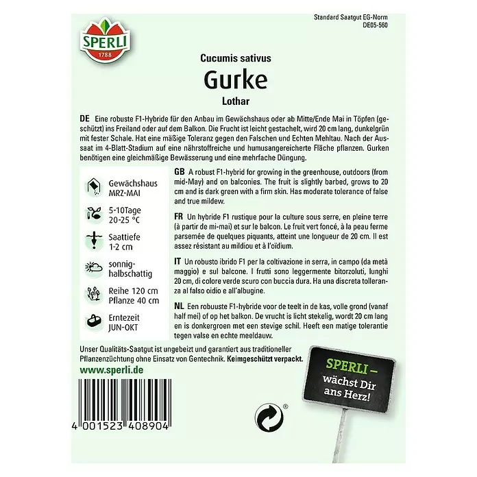 Sperli Gemüsesamen Salatgurke - Lothar, Cucumis sativus, Erntezeit: Juni - Rückansicht