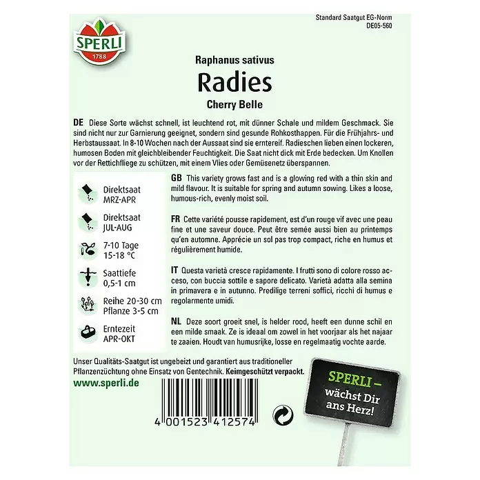 Sperli Gemüsesamen Radies - Cherry Belle, Raphanus sativus, Erntezeit: April - Rückansicht