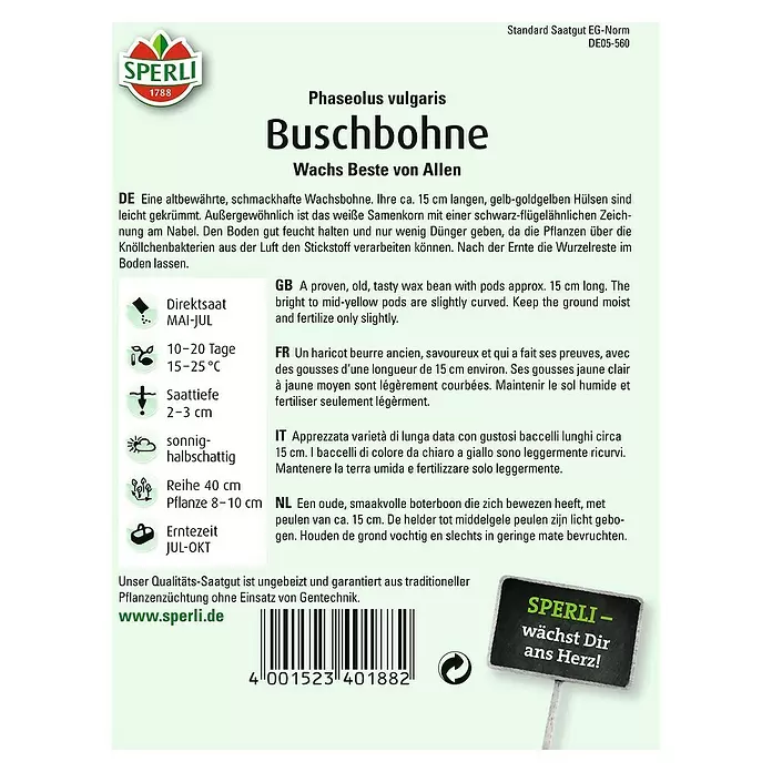 Sperli Gemüsesamen Buschbohne - Wachs Beste von Allen, Phaseolus vulgaris var. nanus, Erntezeit: Juli - Rückansicht