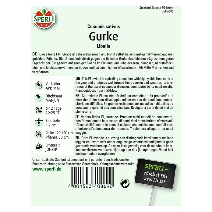 Sperli Gemüsesamen Einlegegurke - Libelle, Cucumis sativus, Erntezeit: Juli - Rückansicht