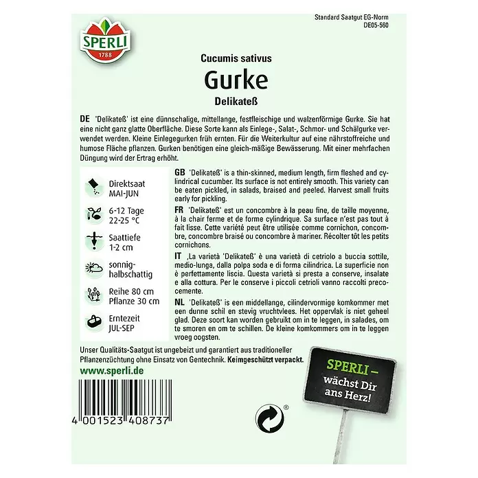 Sperli Gemüsesamen Einlegegurke - Delikateß, Cucumis sativus, Erntezeit: Juli - Rückansicht
