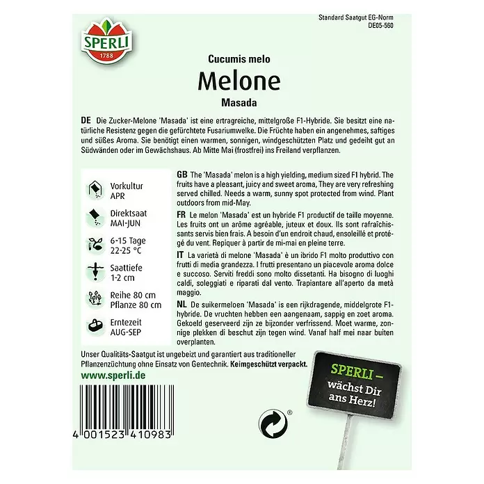 Sperli Obstsamen Melone - Cucumis sativus, Erntezeit: August - Rückansicht