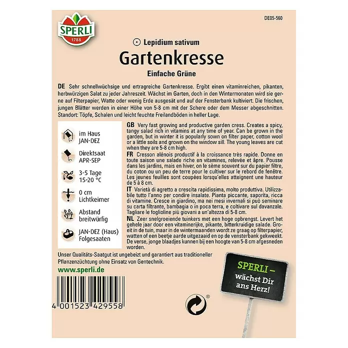 Sperli Kräutersamen Gartenkresse - Einfache Grüne - Maxi Pack, Lepidium sativum, Saatzeit: April, Erntezeit: Ganzjährig - Rückansicht