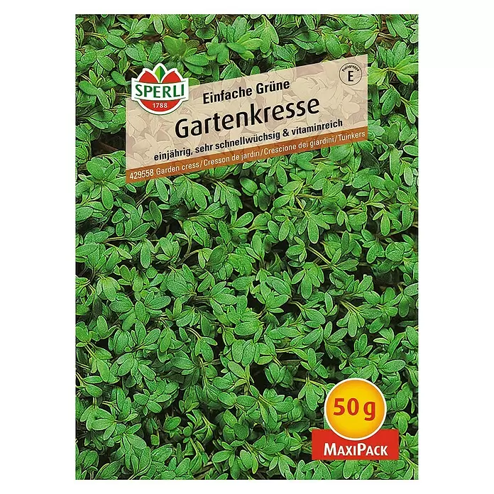 Sperli Kräutersamen Gartenkresse - Einfache Grüne - Maxi Pack, Lepidium sativum, Saatzeit: April, Erntezeit: Ganzjährig - Vorderansicht