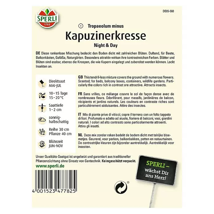 Sperli Kräutersamen Kapuzinerkresse - Night & Day, Tropaeolum minus, Saatzeit: Mai - Rückansicht